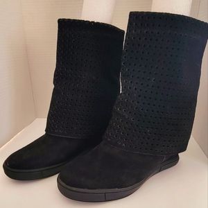 Cuffed Folded Over Caged Laser Cut Wedge Boots